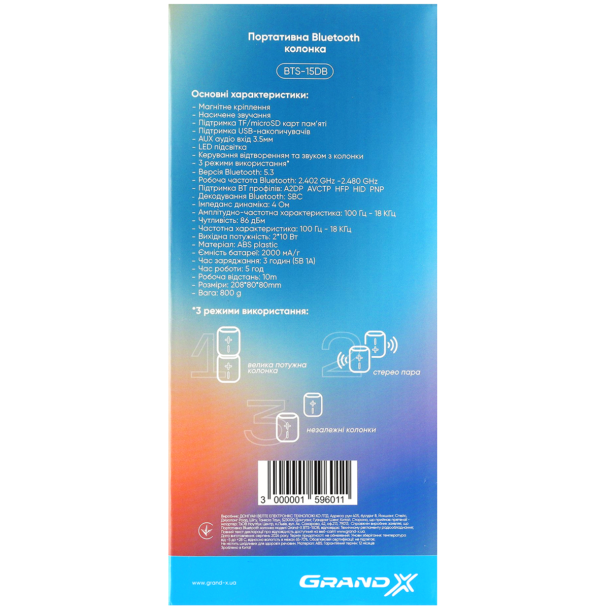 Колонки портативні 2в1 Grand-X BTS-15DB чорні 2 шт х 10Вт (113424
