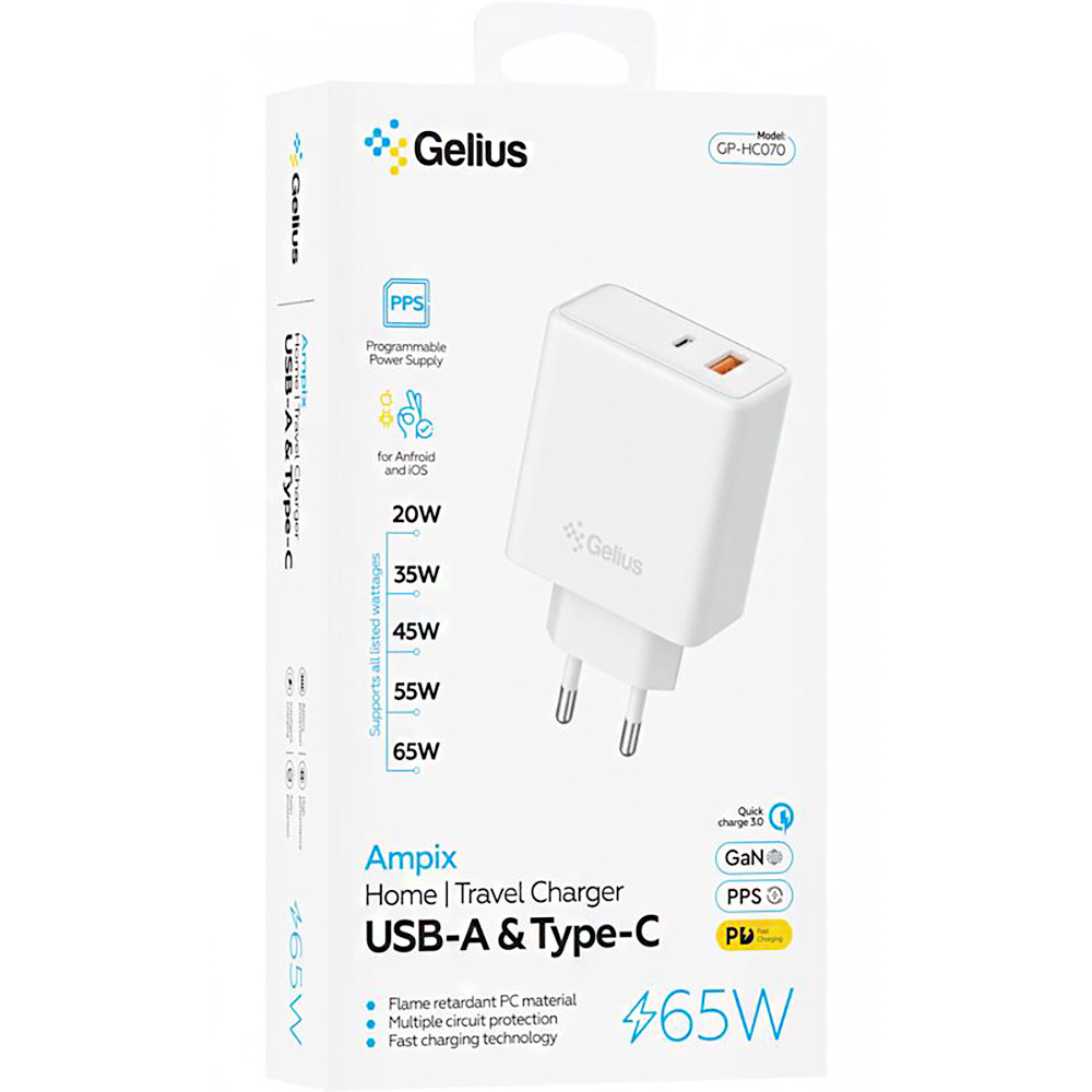 Адаптер зарядний мережевий Gelius Ampix GP-HC070 USB+Type-C білий