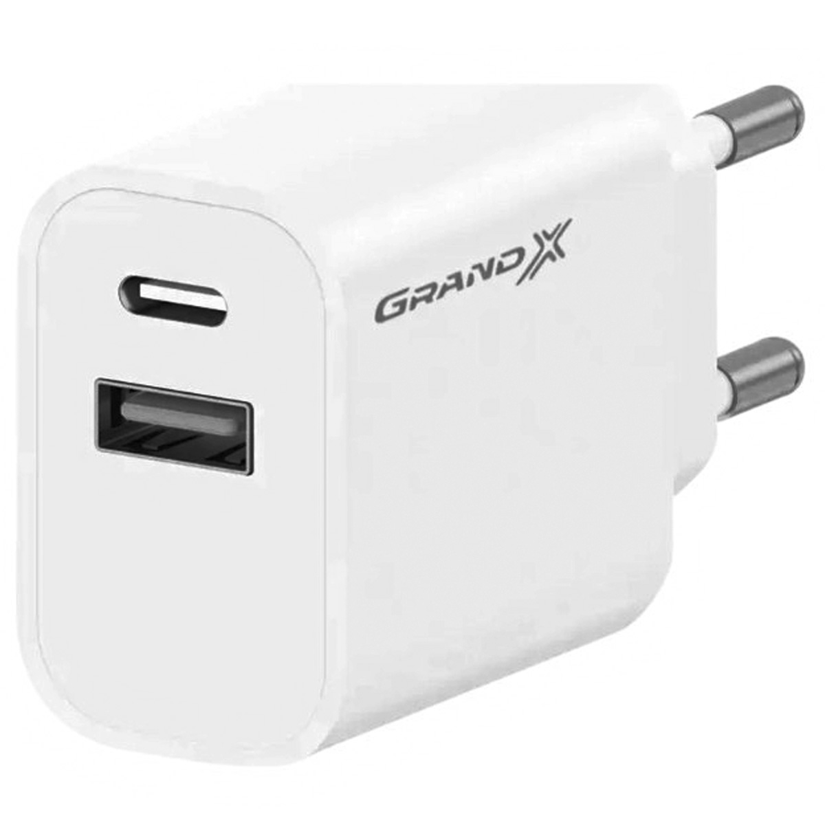 Адаптер зарядний мережевий Grand-X CH-21W USB-A+Type-C білий