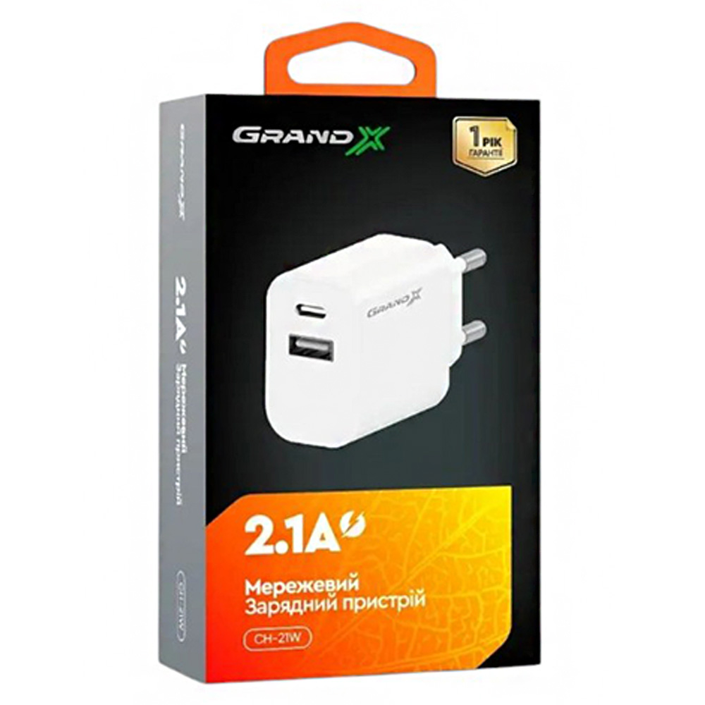 Адаптер зарядний мережевий Grand-X CH-21W USB-A+Type-C білий