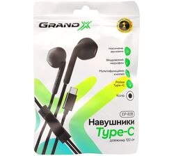 Навушники вставні дротові з гарнітурою Grand-X EP-82B Type-C чорні