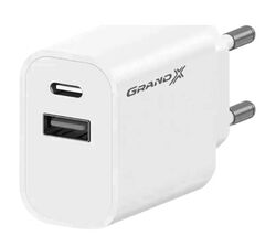 Адаптер зарядний мережевий Grand-X CH-21W USB-A+Type-C білий