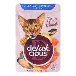Корм для котів DELICKCIOUS шматочки лосося, мідії в соусі, пауч 85 г