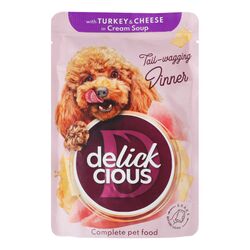 Корм для собак DELICKCIOUS Смужки з індичкою, сиром в крем-супі, пауч 85 г