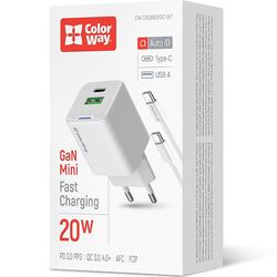 Адаптер для зарядки мережевий ColorWay CHS062PDC Type-C+USB білий 20 Вт