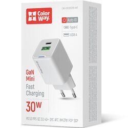 Адаптер для зарядки мережевий ColorWay CHS053PD Type-C+USB білий 30 Вт