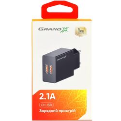 Адаптер для зарядки мережевий Grand-X CH-15В 2USB чорний