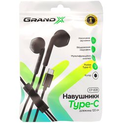 Навушники вставні дротові з гарнітурою Grand-X EP-82B Type-C чорні