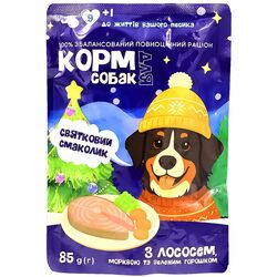 Корм для собак М'ясні шматочки в желе з лососем, морквою, зеленим горошком, пауч 85 г