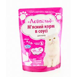 Корм для котів  Леопольд пауч 100 г кріль,  індик