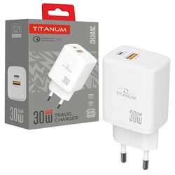 Адаптер зарядний TITANUM CH30AC GaN USB-A+USB-C білий