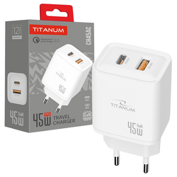 Адаптер зарядний TITANUM CH45AC GaN USB-A+USB-C білий