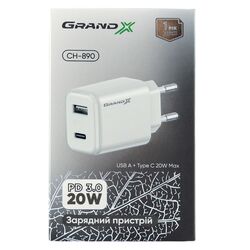 Адаптер для швидкої зарядки мережевий Grand-X CH-890 USB+Type-C білий