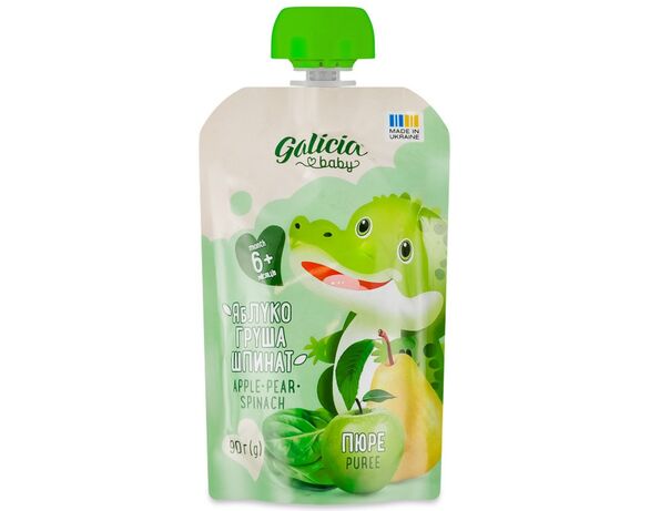 Пюре фруктово-овочеве Galicia Baby Яблуко, груша, шпинат 90 г Аврора купити