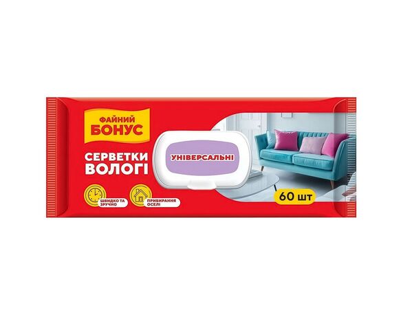 Серветки вологі для прибирання універсальні ФАЙНИЙ БОНУС з клапаном 60 шт/уп Аврора фото
