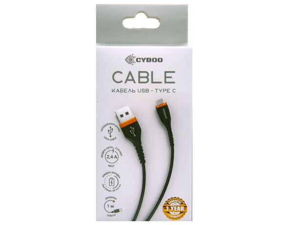 Кабель USB-Type-C Cyboo силіконовий, покритий чорний Аврора картинка 2 дешево