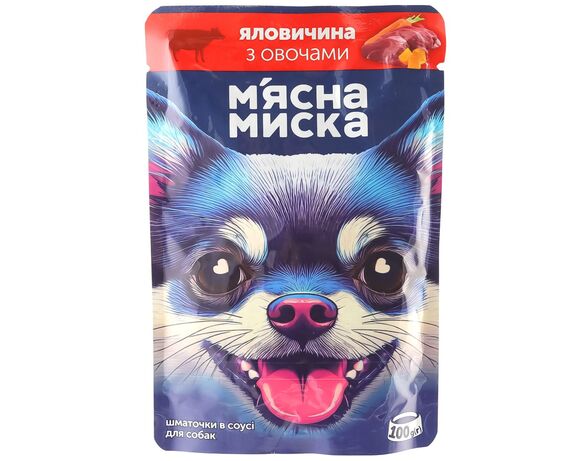 Корм для собак М'ясна Миска шматочки в соусі з яловичиною та овочами пауч 100 г Аврора фото