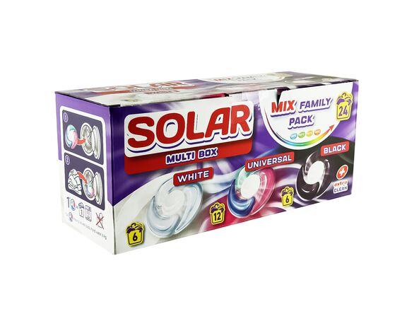 Капсули для прання темного, білого, універсальних речей Solar MULTI BOX 24 шт/уп Аврора картинка 2 вартість