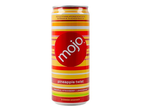 Напій соковмісткий безалкогольний сильногазований Mojo Пайнепл твіст ж/б 0,33 л Аврора ціна