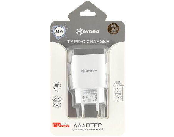 Адаптер для зарядки мережевий Cyboo Type-С Аврора картинка 5 дешево