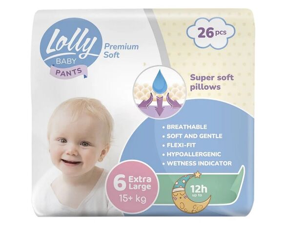 Підгузки-трусики дитячі Lolly Premium Soft Extra Large 6" 15+кг, 26 шт/пач. Аврора купити
