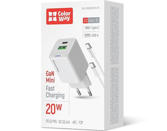 Адаптер для зарядки мережевий ColorWay CHS062PDC Type-C+USB білий 20 Вт Аврора купити