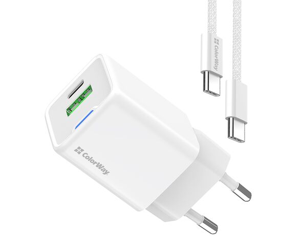 Адаптер для зарядки мережевий ColorWay CHS062PDC Type-C+USB білий 20 Вт Аврора картинка 2 з доставкою