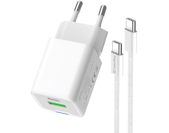 Адаптер для зарядки мережевий ColorWay CHS062PDC Type-C+USB білий 20 Вт Аврора картинка 3 вартість