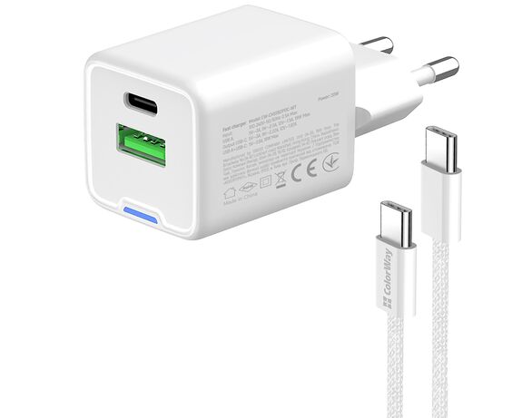 Адаптер для зарядки мережевий ColorWay CHS062PDC Type-C+USB білий 20 Вт Аврора картинка 4 ціна