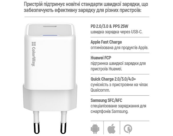 Адаптер для зарядки мережевий ColorWay CHS052PD Type-C білий 25 Вт Аврора картинка 7 дешево
