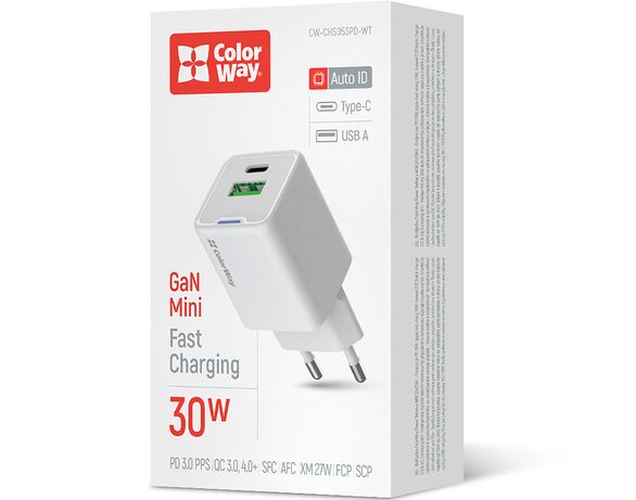 Адаптер для зарядки мережевий ColorWay CHS053PD Type-C+USB білий 30 Вт Аврора ціна