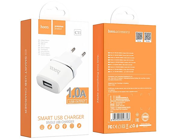 Пристрій зарядний мережевий Hoco C11 1USB Білий Аврора ціна