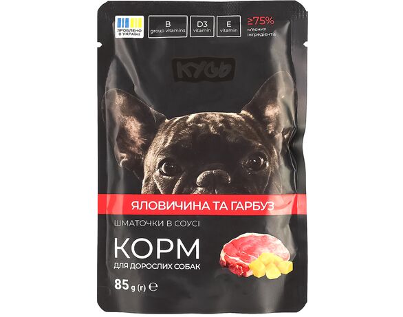 Корм для дорослих собак Кусь з яловичиною, гарбузом, пауч 85 г Аврора фото