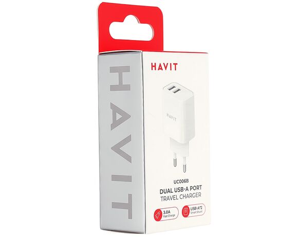 Адаптер зарядний мережевий HAVIT UC006B 2USB-A білий Аврора купити