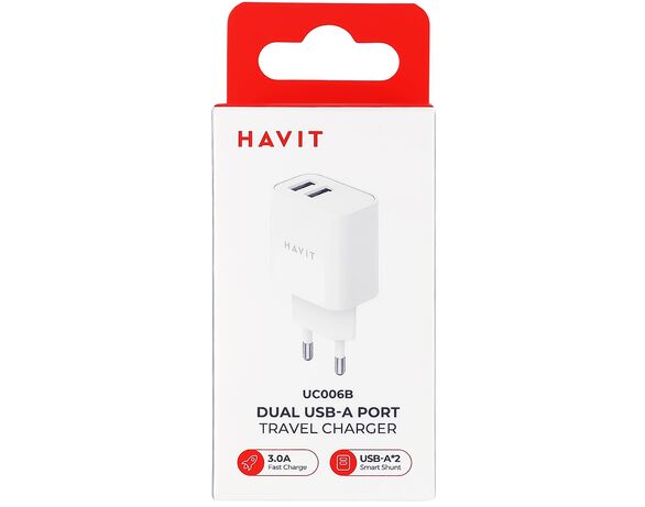 Адаптер зарядний мережевий HAVIT UC006B 2USB-A білий картинка 2 в інтернет-магазині Аврора