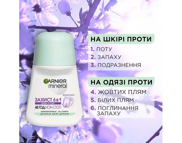 Антиперспірант жіночий GARNIER Mineral Захист 6в1 Весняна свіжість кульковий 50 мл Аврора картинка 4 ціна