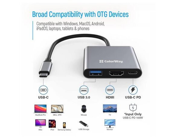 Концентратор мережевий СolorWay CW-HUB08 USB-А+USB-C+HDMI Аврора картинка 5 фото