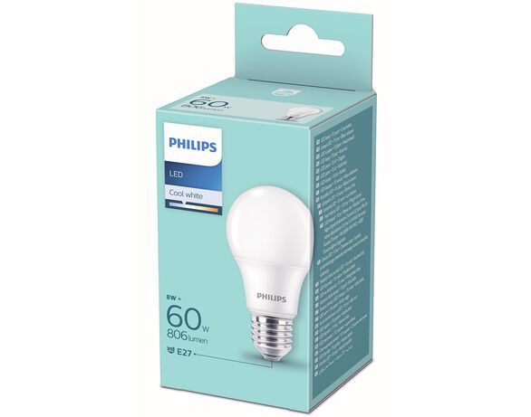 Лампа LED Philips А60 8Вт=60Вт Е27 4000 К Cool White 220 В картинка 4 в інтернет-магазині Аврора