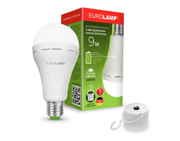 Лампа LED акумуляторна EUROLAMP 9Вт E27 яскраве світло 4500К Аврора каталог