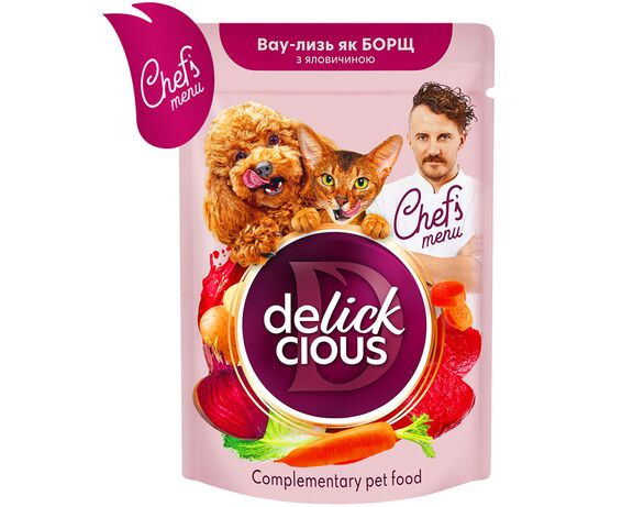 Корм для котів, собак DELICKCIOUS смак борщу з яловичини пауч 85 г Аврора каталог