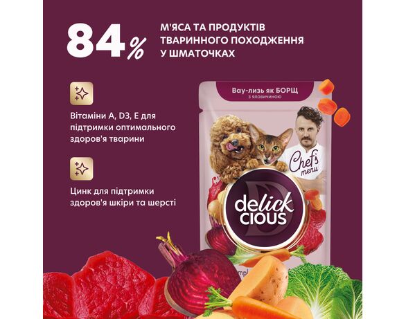 Корм для котів, собак DELICKCIOUS смак борщу з яловичини пауч 85 г Аврора картинка 3 ціна