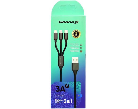 Кабель USB 3в1 Grand-X PX-31B чорний 1 м Аврора купити