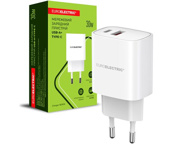 Адаптер зарядний мережевий EUROELECTRIC USB-A+Type-C 30 Вт білий в інтернет-магазині Аврора