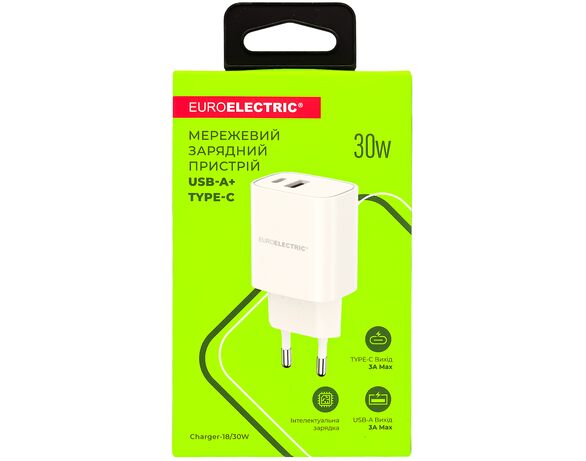 Адаптер зарядний мережевий EUROELECTRIC USB-A+Type-C 30 Вт білий Аврора картинка 3 відгуки
