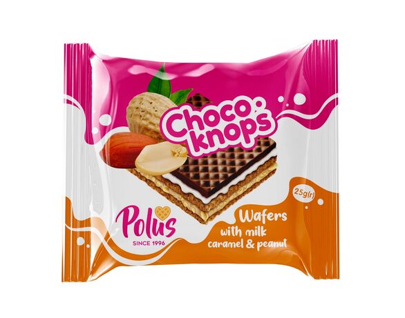 Вафлі POLUS Choco-Knops з молочною начинкою, карамеллю, арахісом 25 г Аврора дешево