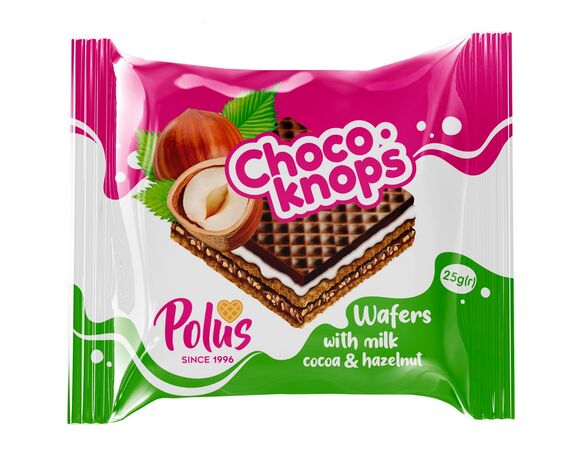 Вафлі POLUS Choco-Knops з молочною начинкою, праліне, фундуком 25 г в інтернет-магазині Аврора