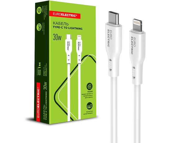 Кабель Type-C-Lightning EUROELECTRIC 30Вт білий 1 м Аврора ціна