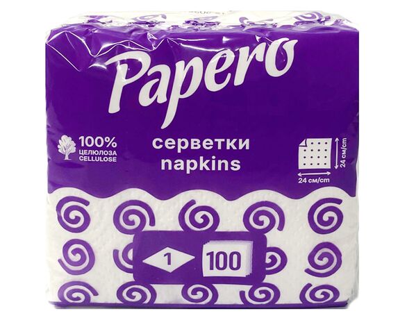 Серветки паперові Papero білі, 1 шар, 24х24 см, 100 шт/пач Аврора картинка 2 з доставкою