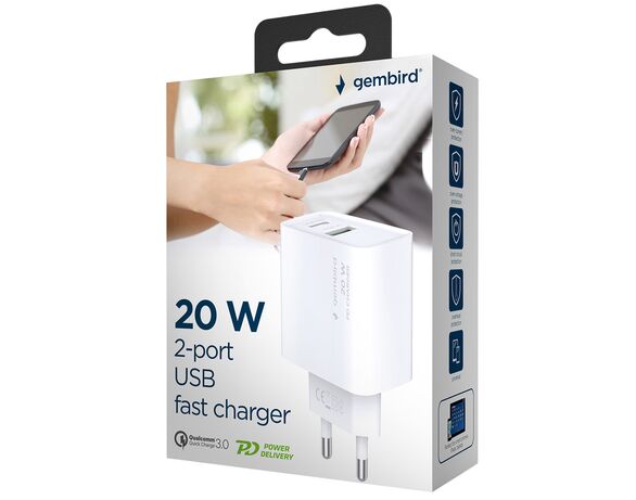 Адаптер зарядний мережевий Gembird TA-UC-PDQC20-01-W USB-А+Type-C білий в інтернет-магазині Аврора