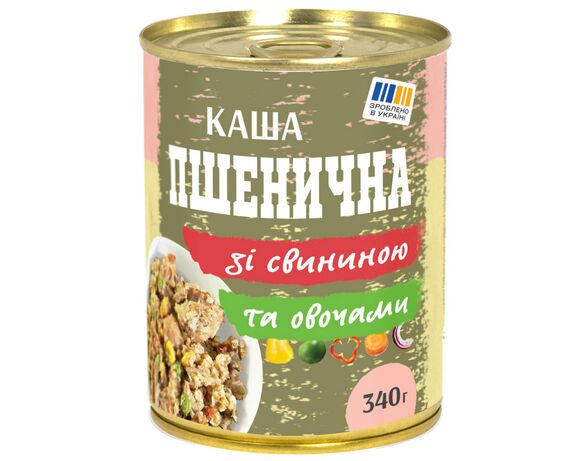 Консерви Каша пшенична зі свинининою та овочами ж/б 340 г Аврора каталог